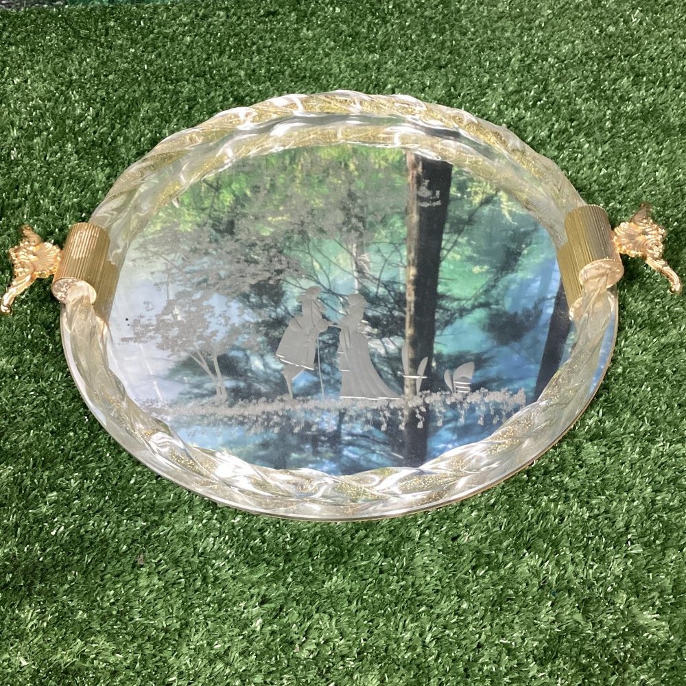 Vintage Murano Glass Serving Tray Etched Mirror 24kt Gold Flecks